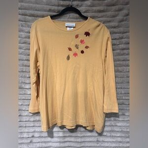 Women's Long Sleeve Top in Tan with Leaf Accents